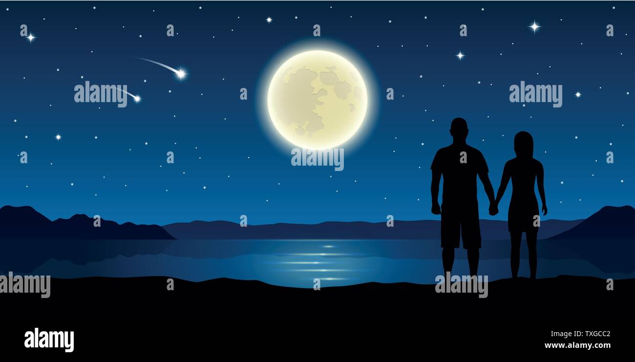 Notte romantica giovane in amore al lago con la luna piena e stelle cadenti illustrazione vettoriale EPS10 Illustrazione Vettoriale