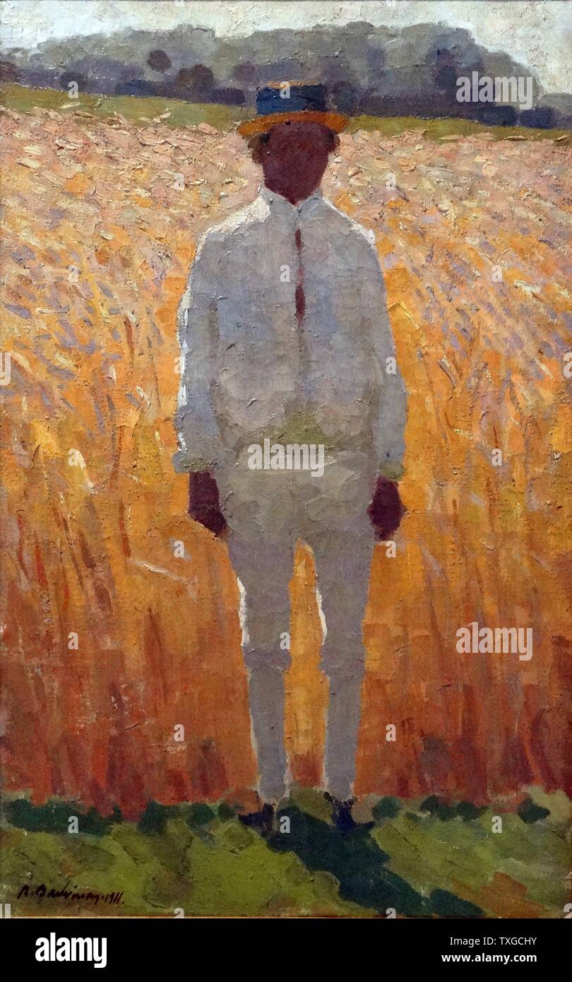 Dipinto raffigurante un paesaggio con figura maschile di Antoni Badrinas e Escudé (1882-1969) pittore Catalano, mobili maker e decoratore. Datata 1911 Foto Stock
