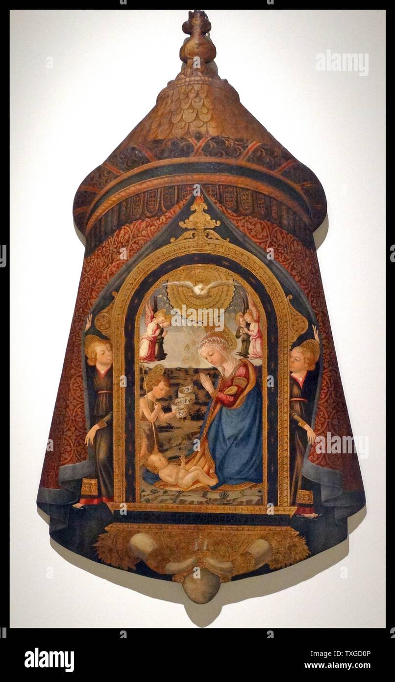 Il banner processionale raffigurante il Gesù Bambino adorato dalla Vergine Maria , a San Giovanni Battista e Angelo da Neri di Bicci (1419-1491), pittore italiano del rinascimento. Datata xv secolo Foto Stock