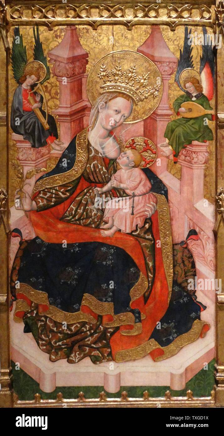 Pittura intitolato "Signora del latte" la Vergine Maria allattamento al seno di un neonato Gesù Cristo. Dal secondo master di Estopanyà. Datata xv secolo Foto Stock