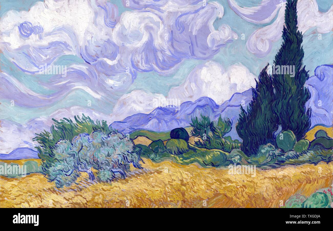 Un campo di grano con cipressi di Vincent van Gogh (1853-1890) Post-Impressionist pittore. Datata 1889 Foto Stock