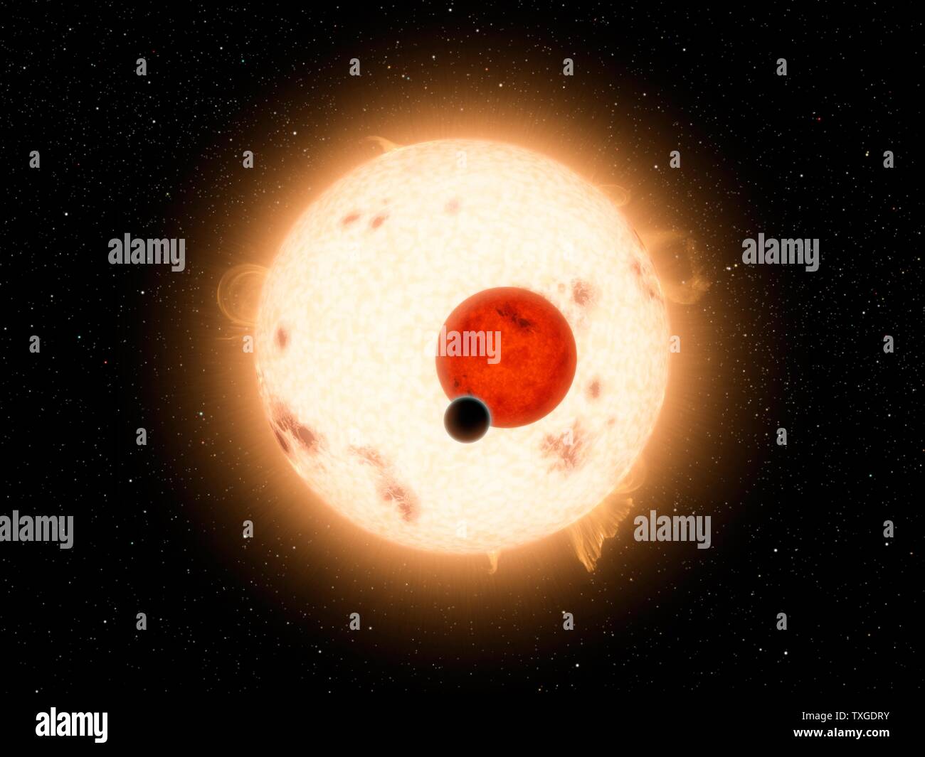 Fotografia di Kepler-16, un sistema stellare binario nella costellazione del Cigno mirati dal veicolo spaziale Kepler. Datata 2011 Foto Stock