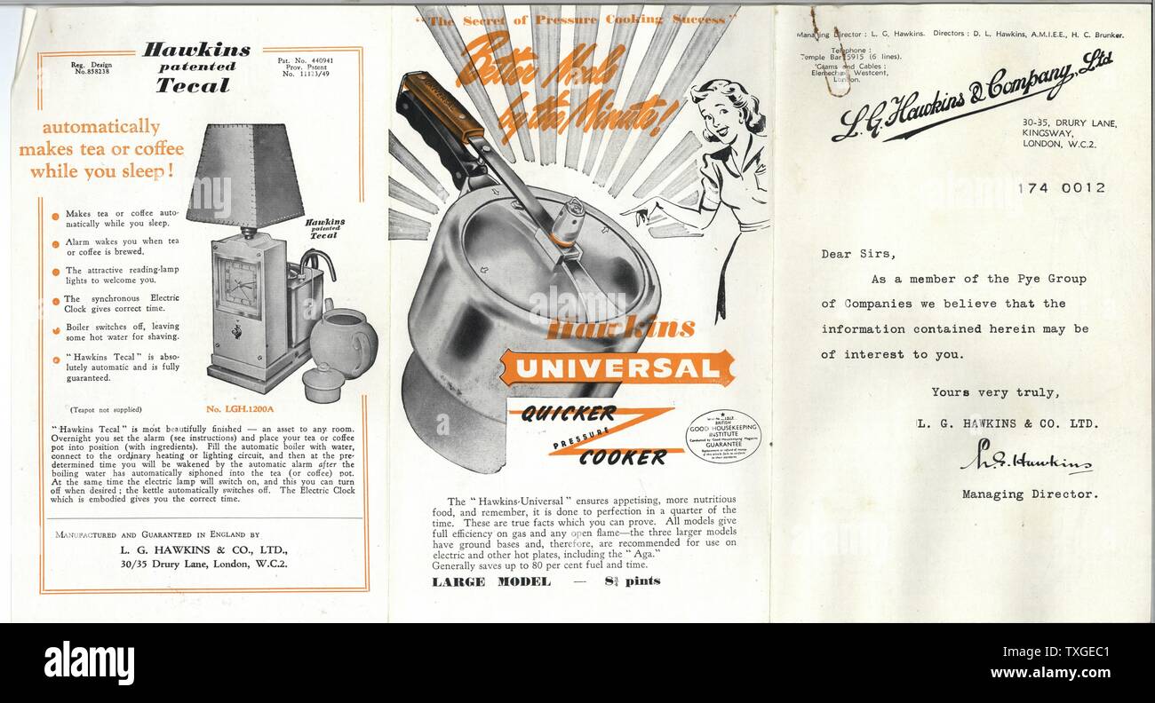 Annuncio per L.G. Hawkins & Company Ltd Prodotti tra cui un combinato di sveglia, lampada e macchina per il caffè, noto come tecal e una rapida pentola a pressione. Datata 1936 Foto Stock