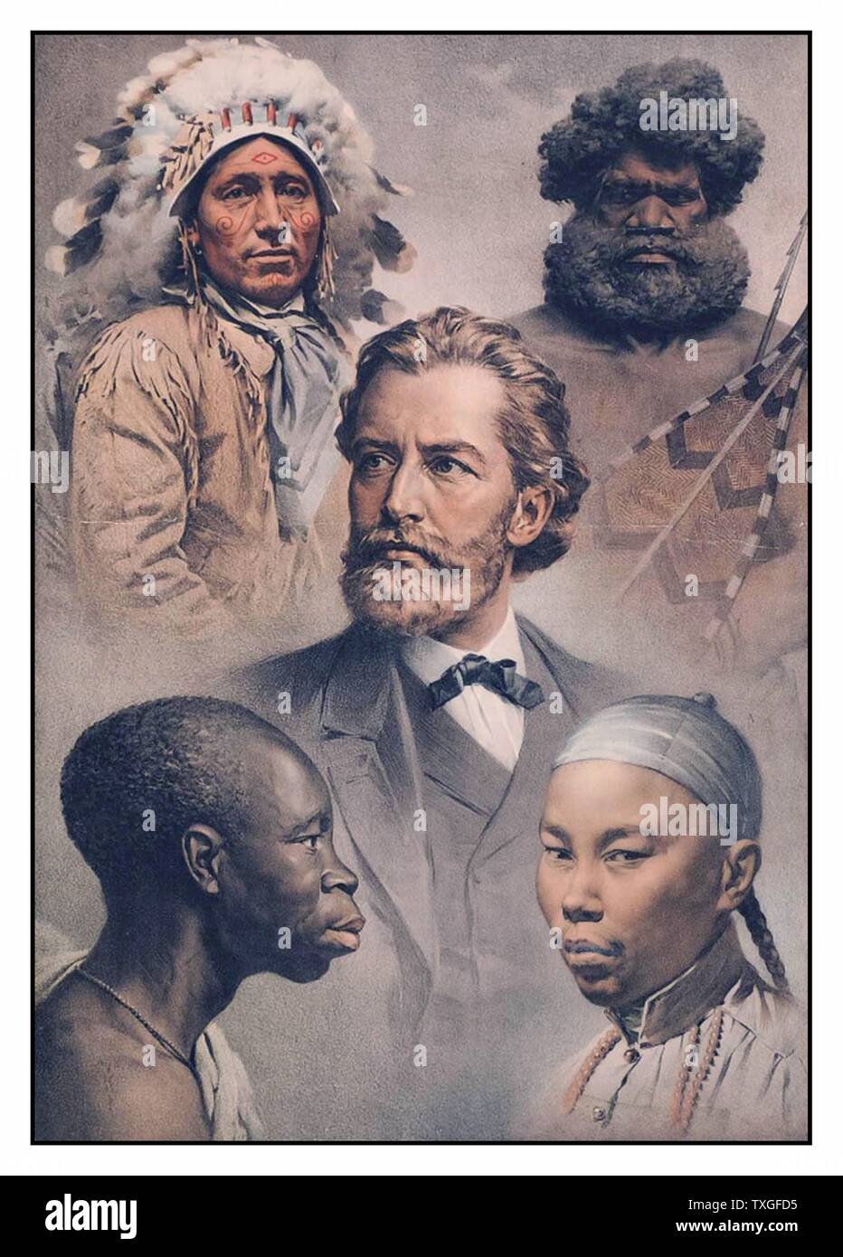 Le cinque gare dell'umanità. cinque uomini che rappresentano: un American Indian, un aborigeno australiano, un africano, un asiatico ed europeo. illustrazione da un Dresden basata sulla rivista tedesca 1911 Foto Stock