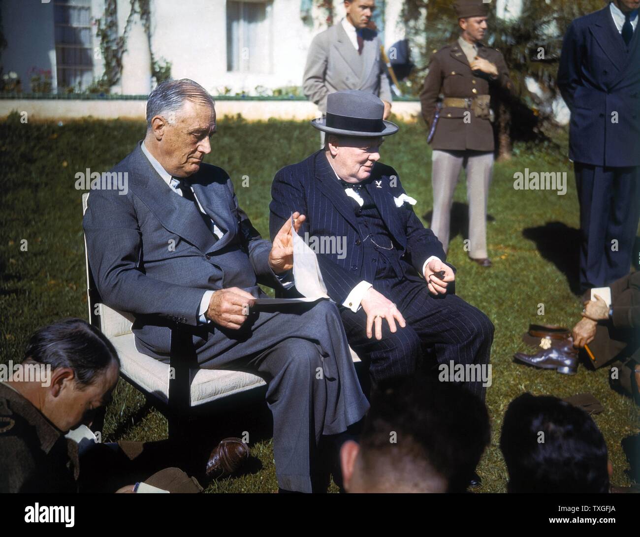 La seconda guerra mondiale: Conferenza di Casablanca, Marocco. Il presidente statunitense Franklin Roosevelt e il Primo ministro inglese Winston Churchill. Foto Stock