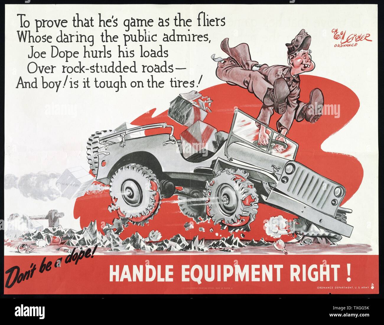 Poster di propaganda da WWII avvertimento contro il maltrattamento delle forze armate attrezzatura. Foto Stock