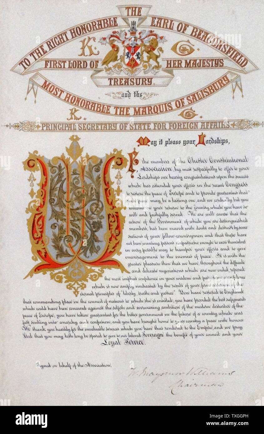Messaggio di congratulazioni nel manoscritto modulo inviato a Benjamin Disraeli dopo il congresso di Berlino (13 giugno ñ 13 luglio 1878). Il Congresso è stato un incontro dei rappresentanti delle grandi potenze del tempo (Russia, Gran Bretagna, Francia, Austria-Ungheria, Italia e Germania),[1] Quattro Stati balcanici (Grecia, Serbia, Romania e Montenegro) e l'Impero Ottomano, mirando a determinare i territori degli stati della penisola balcanica dopo la guerra Russo-Turkish di 1877Ñ78. Foto Stock