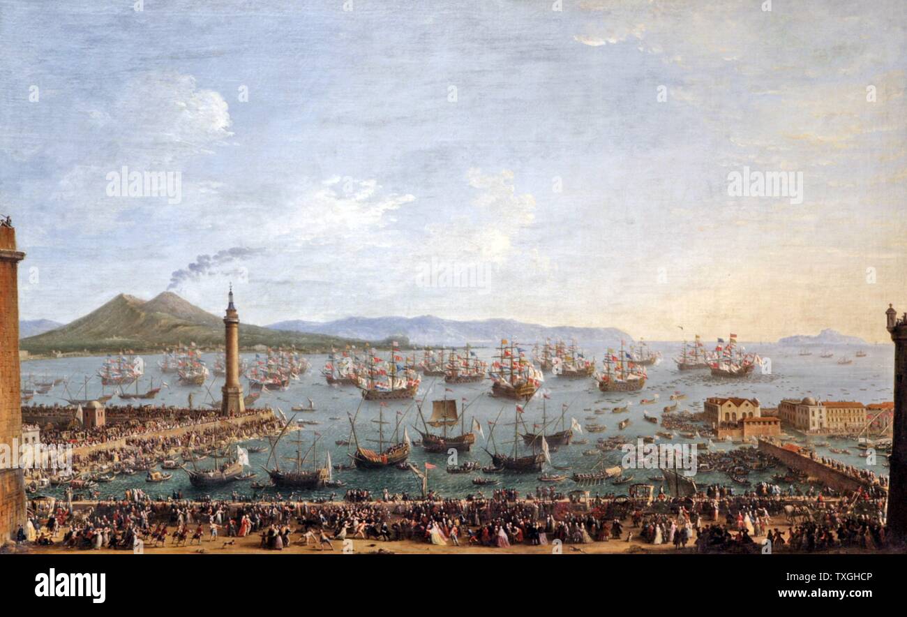 Antonio Joli (1700Ñ1777) la partenza di Carlo III Re di Spagna e di Napoli da Napoli 1759. L'illuminato Carlo III (Carlos III) 1716 ñ 1788), Re di Spagna e Napoli Foto Stock