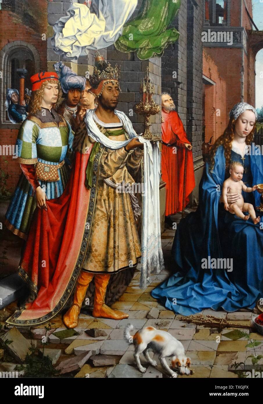 Dettaglio dal dipinto intitolato "L'Adorazione dei Magi" di Jan Gossaert (1478-1532) un pittore francese e membro della corporazione di San Luca. Datata XVI Secolo Foto Stock