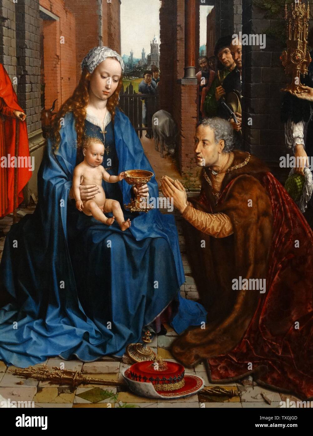 Dettaglio dal dipinto intitolato "L'Adorazione dei Magi" di Jan Gossaert (1478-1532) un pittore francese e membro della corporazione di San Luca. Datata XVI Secolo Foto Stock