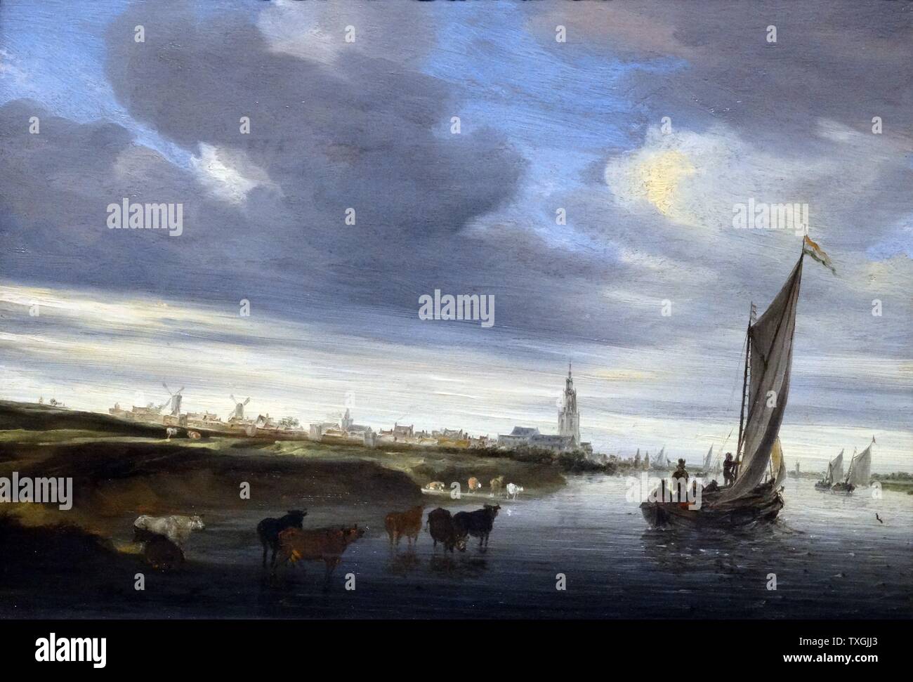 Pittura intitolata 'Una vista di Rhenen' da Salomon van Ruysdael (1602-1670) un olandese Golden Age pittore paesaggista. Risalenti al XVII secolo Foto Stock