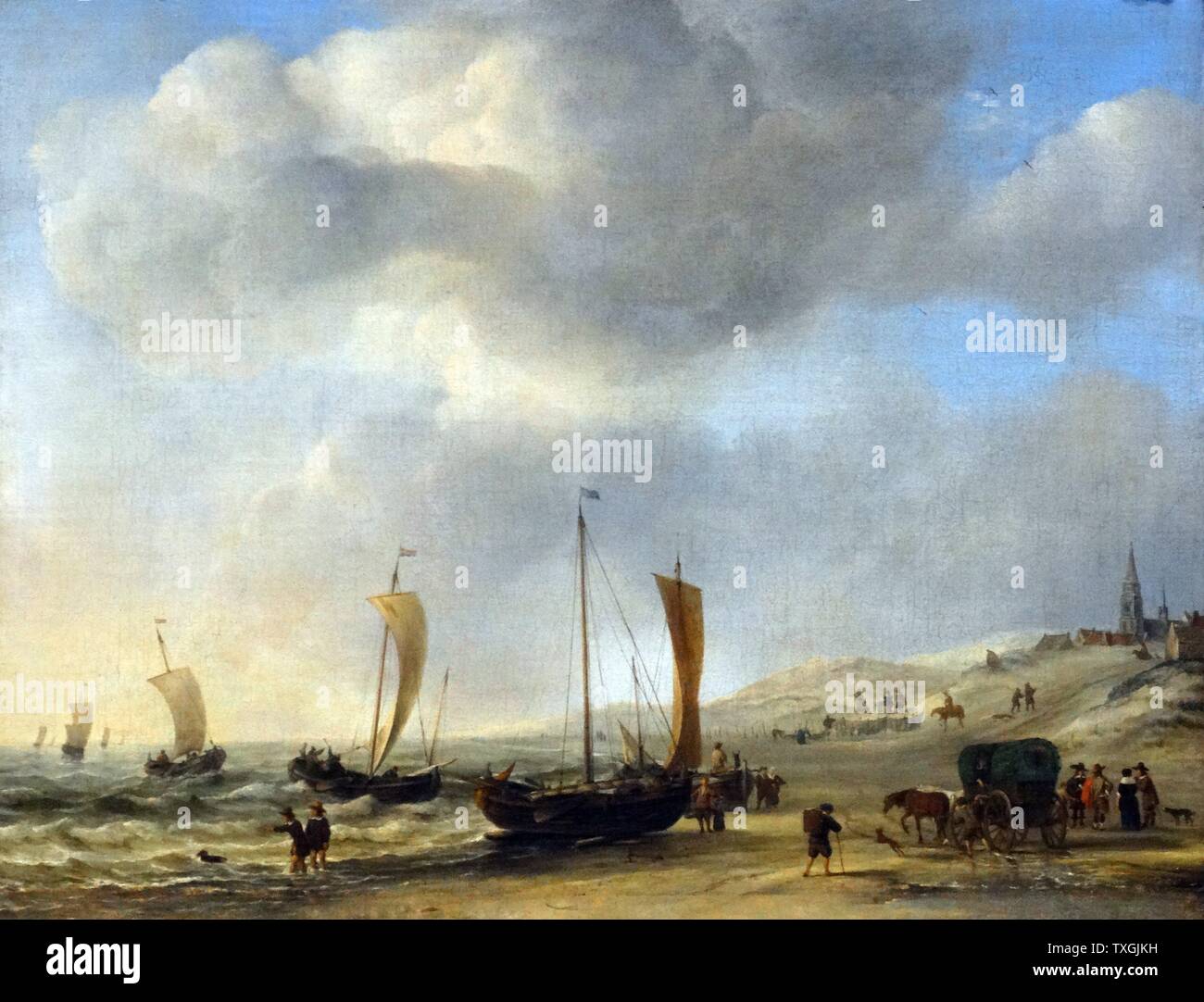 Pittura intitolato " La Riva a Scheveningen' da Willem van de Velde il Giovane (1633-1707) olandese un pittore marino. Risalenti al XVII secolo Foto Stock