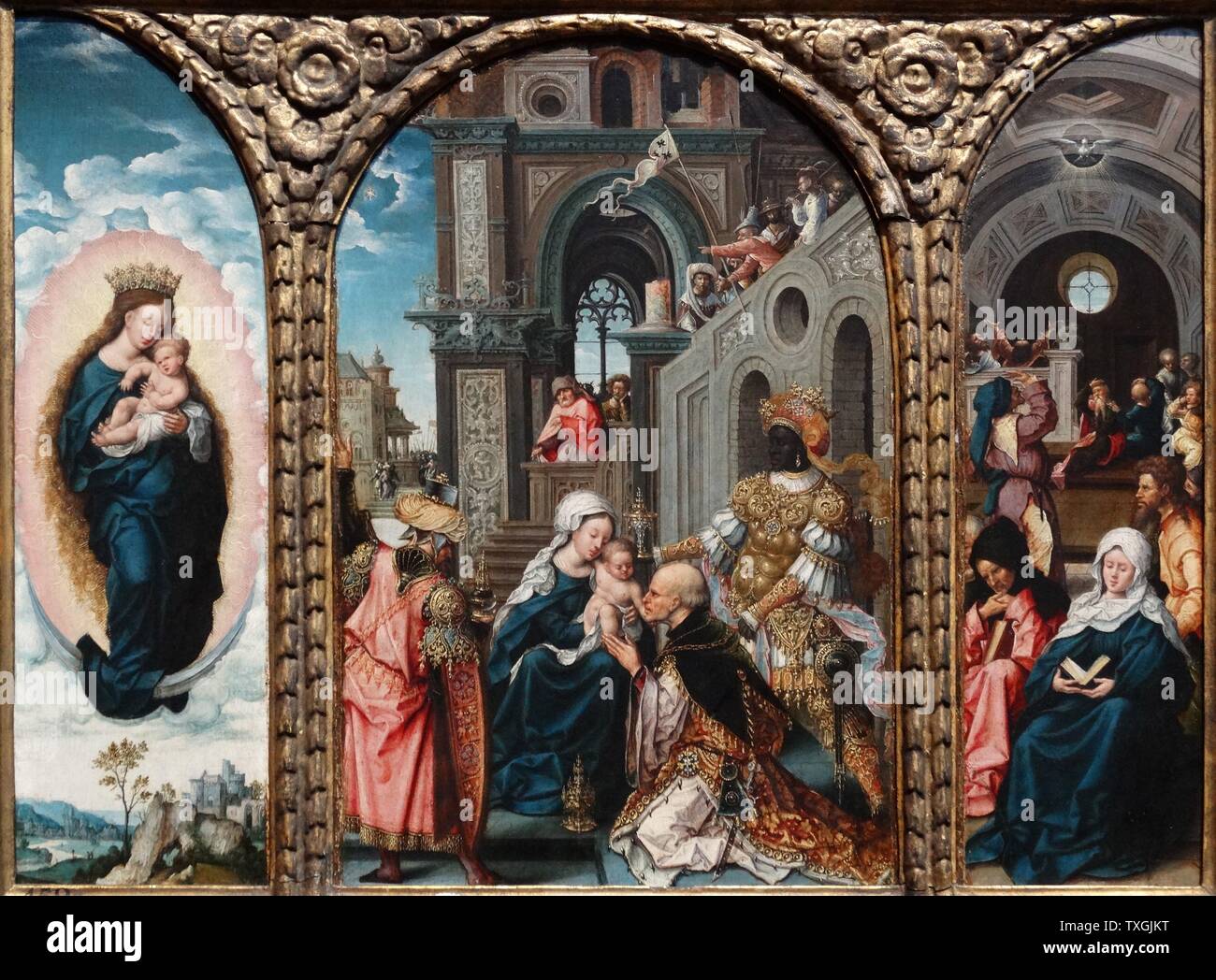 Pittura intitolato "L'Adorazione dei Magi" di Jan Gossaert (1478-1532) un pittore francese e membro della corporazione di San Luca. Datata XVI Secolo Foto Stock