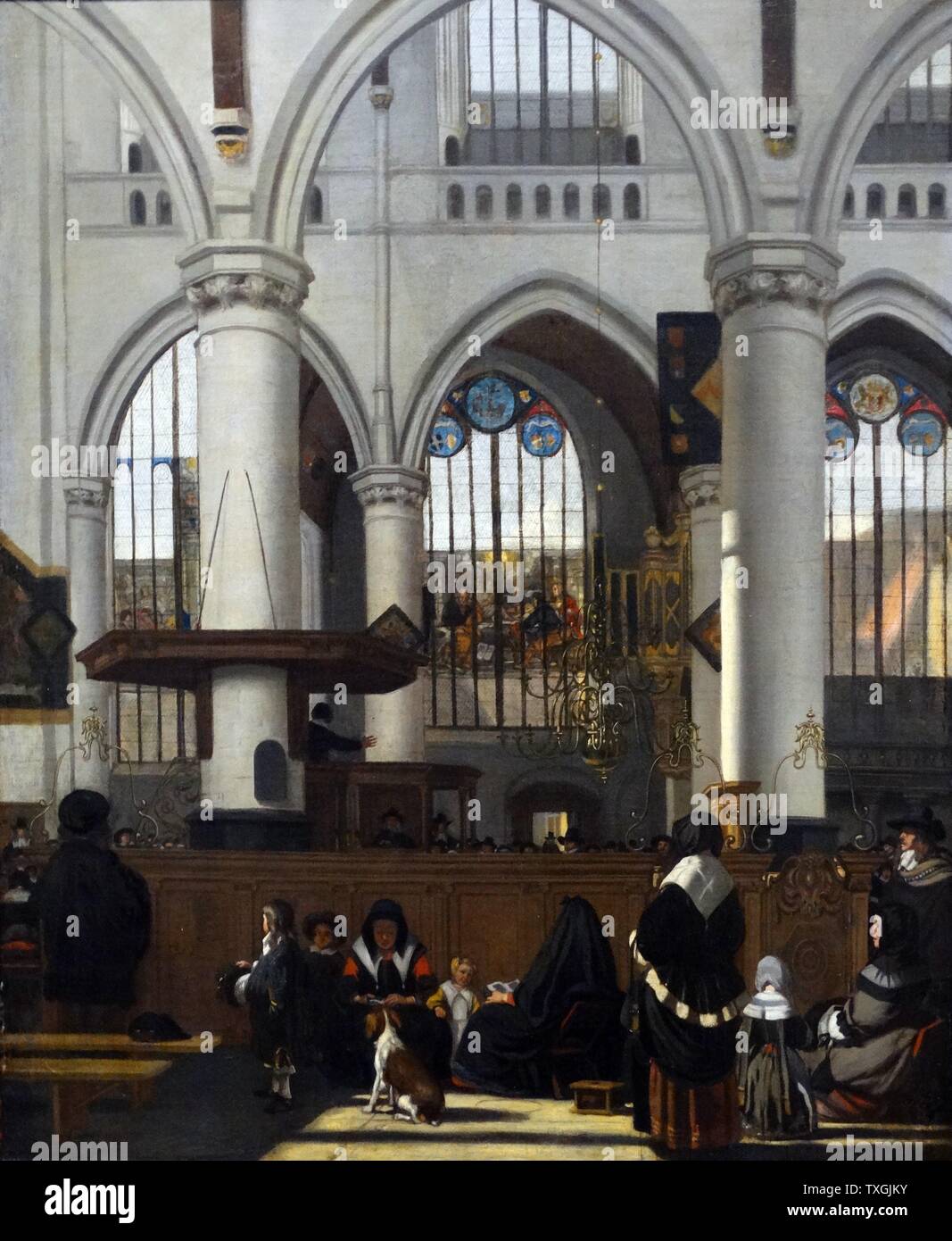 Pittura intitolata 'L'interno della Oude Kerk Amsterdam, durante un sermone' da Emanuel de Witte (1617-1692) una prospettiva olandese pittore. Risalenti al XVII secolo Foto Stock