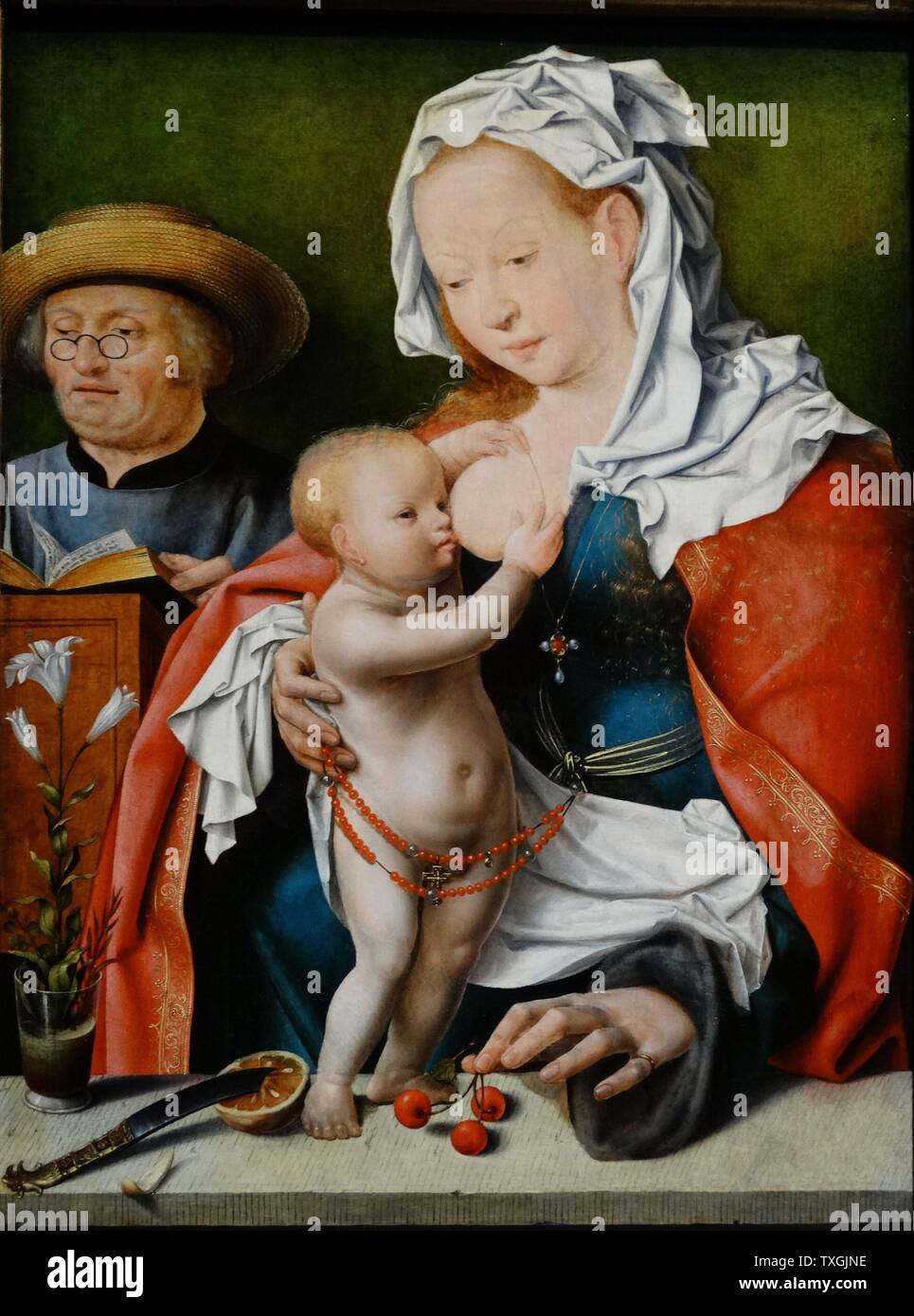 Pittura intitolato " La Sacra Famiglia " da Joos van Cleve (1485-1541) un pittore tedesco. Datata XVI Secolo Foto Stock