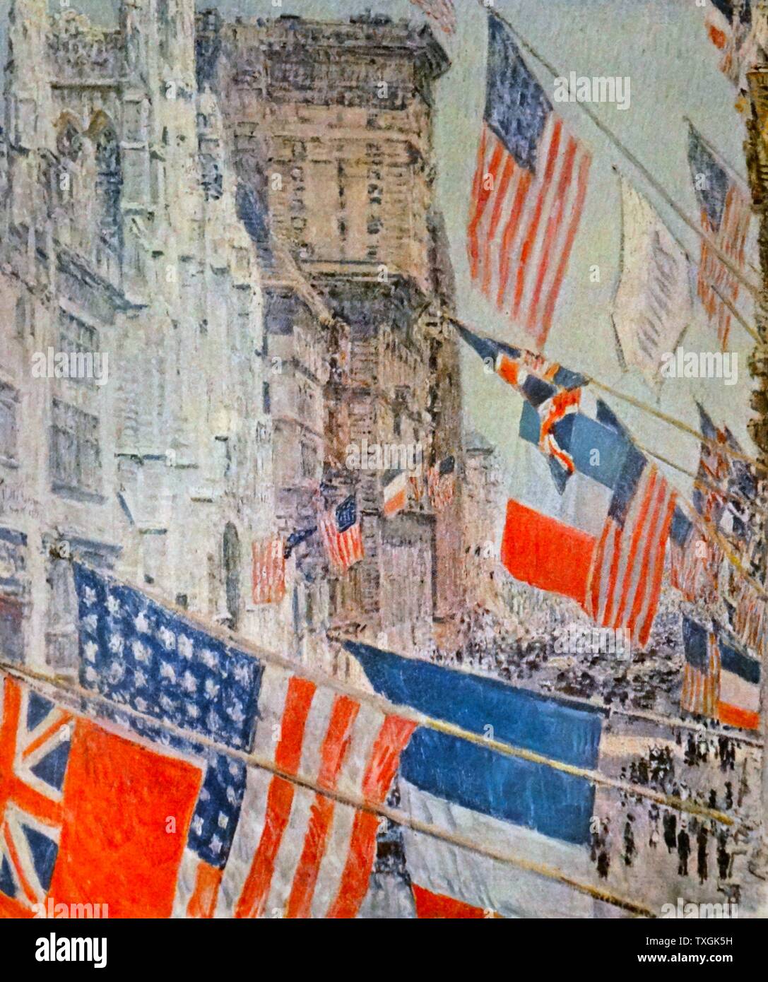Pittura intitolato "alleati giorno. Maggio. 1917' da bambino Hassam (1859-1935) un prolifico American pittore impressionista. In data xx secolo Foto Stock