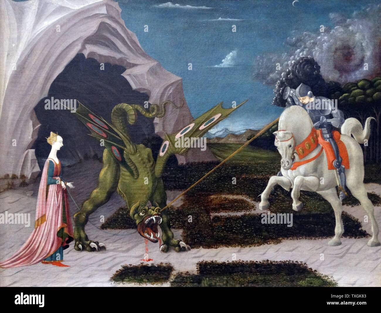 Pittura intitolato 'Saint Giorgio e il Drago" di Paolo Uccello (1397-1475) un pittore italiano e un matematico. Datata xv secolo Foto Stock