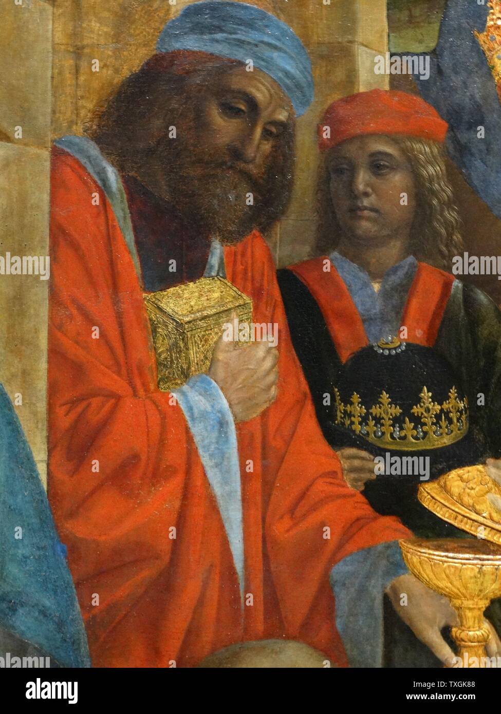 Dettaglio dal dipinto intitolato "L'Adorazione dei Magi" di Vincenzo Foppa (1430-1515) un pittore Northern-Italian, attivo in stile rinascimentale. Datata XVI Secolo Foto Stock