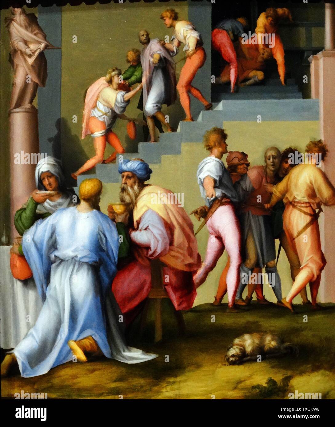 Pittura intitolato "Giuseppe con Giacobbe in Egitto" di Jacopo Carucci (1494-1557) un italiano pittore manierista e ritrattista di scuola fiorentina. Datata XVI Secolo Foto Stock