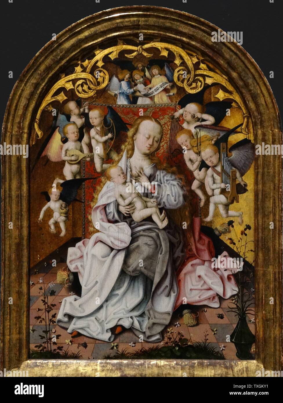 Pittura intitolato "La Vergine con il Bambino e angeli musicale' dal Maestro di San Bartolomeo pala (1450-1510) un Early Netherlandish pittore. Datata XVI Secolo Foto Stock