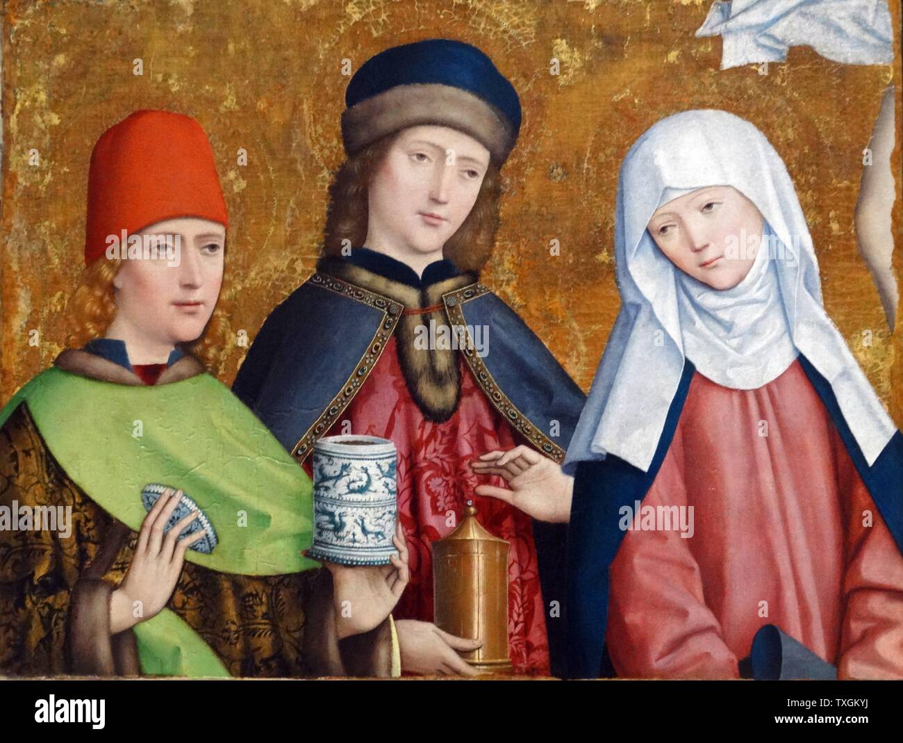 Pittura intitolato "aints Cosma e Damiano e la Vergine" dal maestro di Liesborn, un pittore Vestfalia. Datata xv secolo Foto Stock