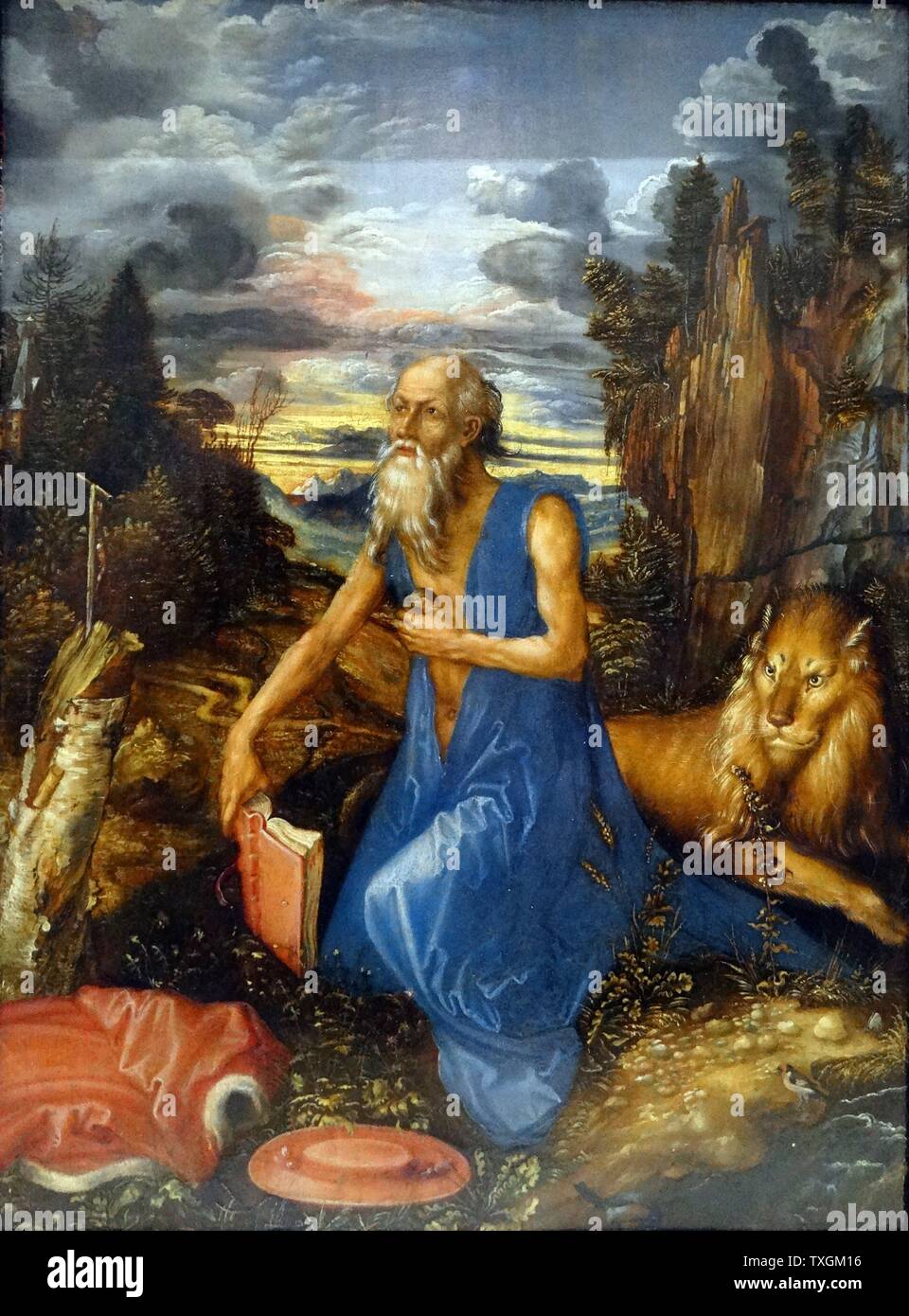 Pittura intitolato 'Saint Jerome' da Albrecht Dürer (1471-1528), pittore, incisore e teorico del Rinascimento tedesco. Datata XVI Secolo Foto Stock