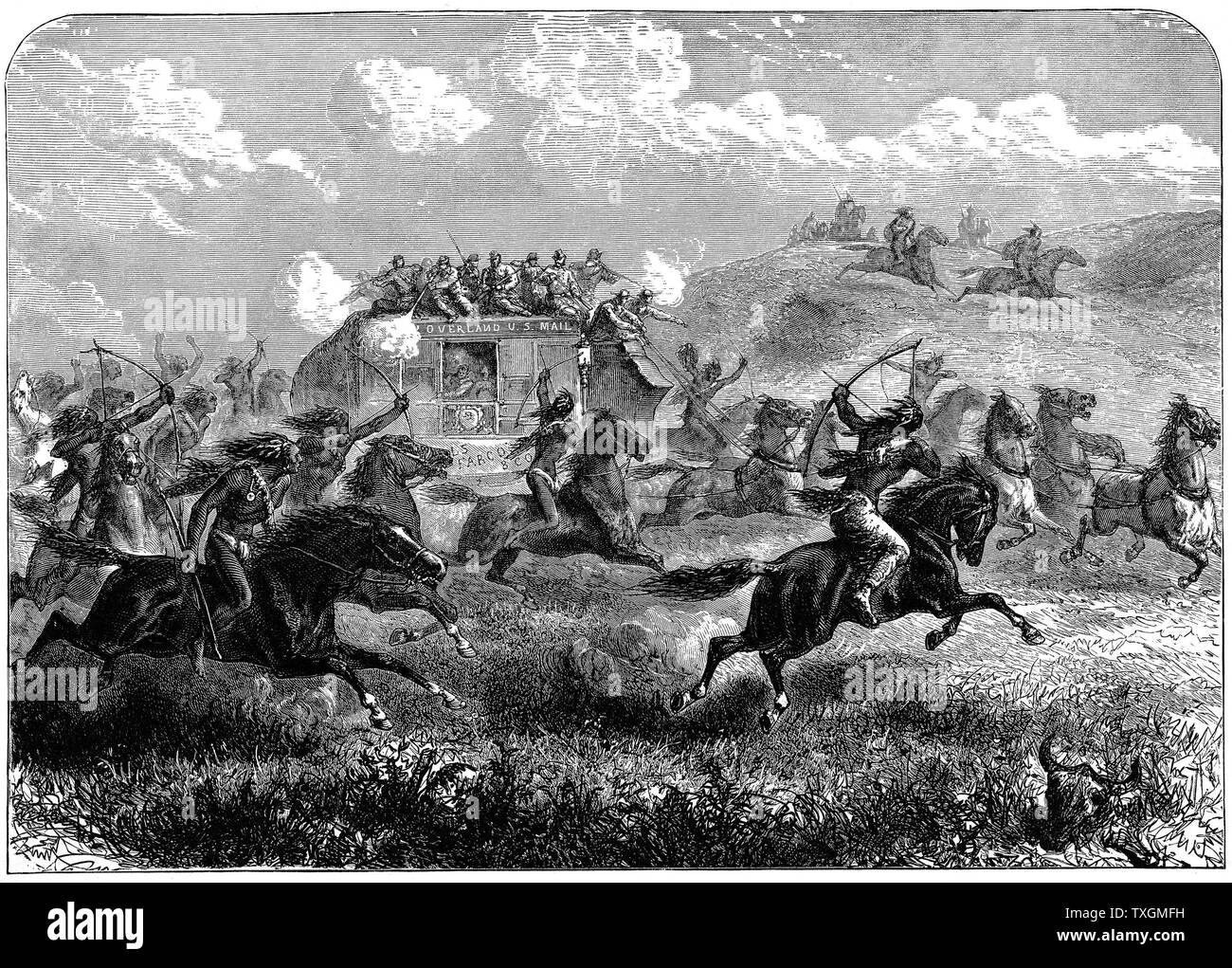 Nativi americani a caccia di una stagecoach Foto Stock