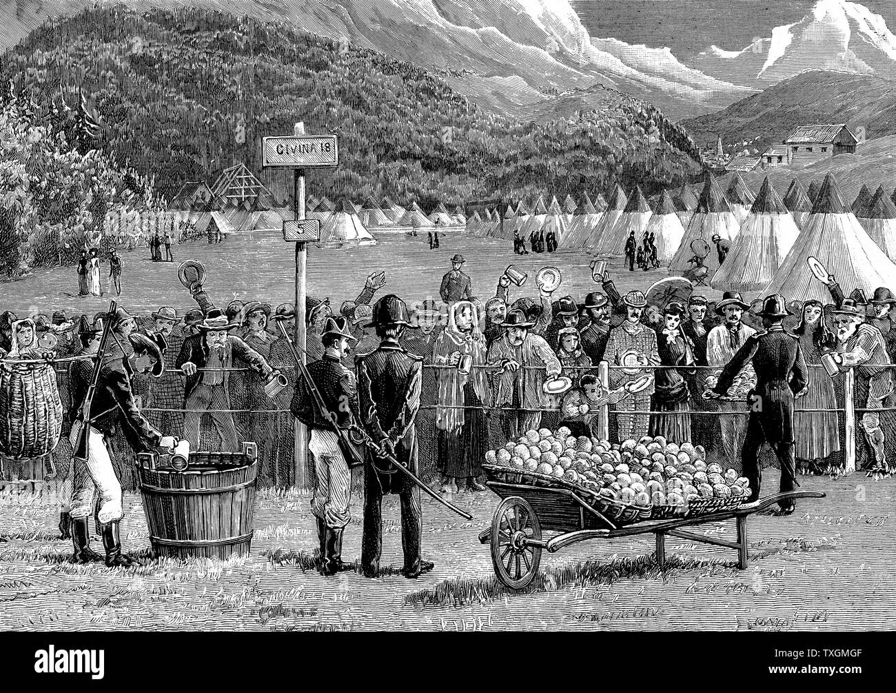 Epidemia di colera in Europa: i viaggiatori provenienti dalla Svizzera in rotta per Italia essendo tenuti in quarantena al Bardonnechia, Italia, per cinque giorni. Illustrazione pubblicato a Londra, 16 agosto 1884 Foto Stock