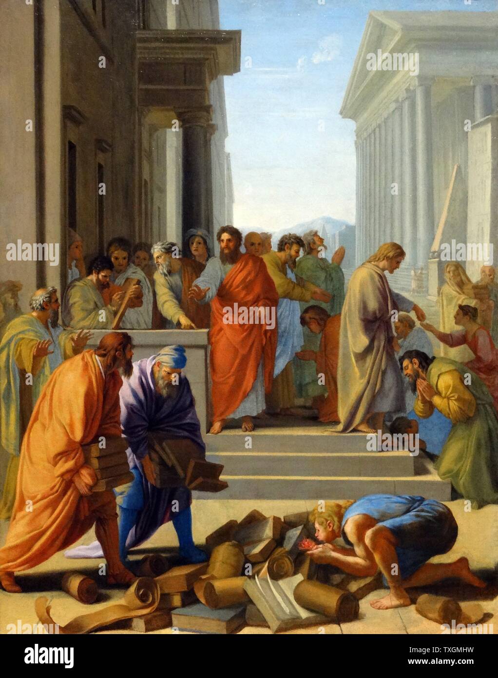 Pittura intitolato 'Saint predicazione di Paolo a Efeso' da Eustache Le Sueur (1616-1655) uno dei membri fondatori della Accademia Francese della pittura. Risalenti al XVII secolo Foto Stock