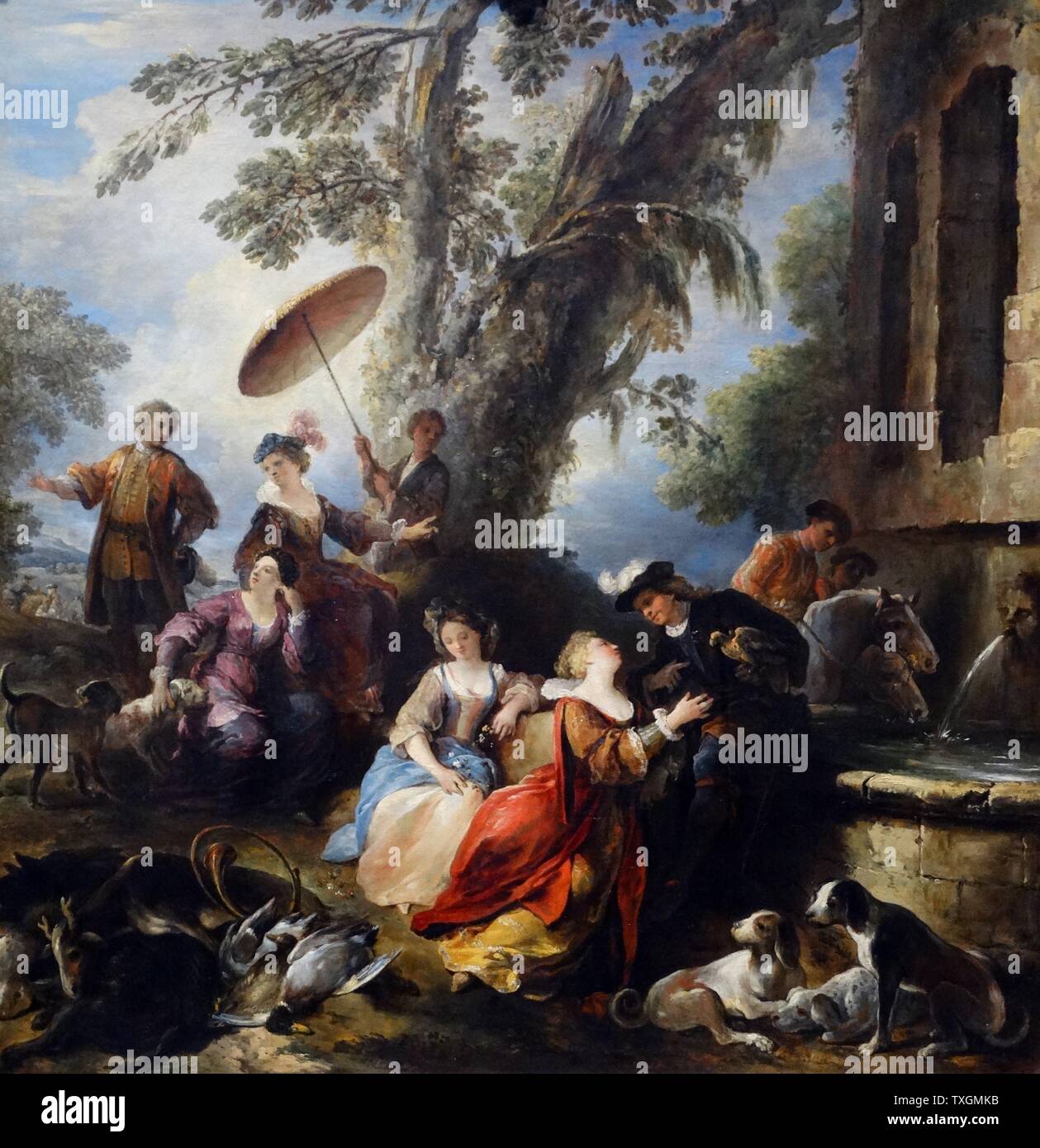 Pittura intitolato " Il Ritorno dalla caccia" da Joseph Parrocel (1646-1704) un pittore barocco francese. Datata xviii secolo Foto Stock