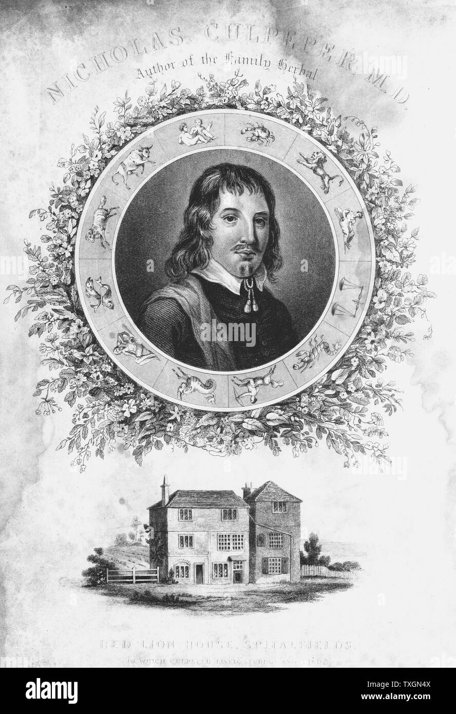 Nicholas Culpepper (1616-54). Medico inglese, erboristeria e astrologo e, inferiore Red Lion House a Spitalfields, Londra, dove ha vissuto. Xix secolo l'incisione Foto Stock