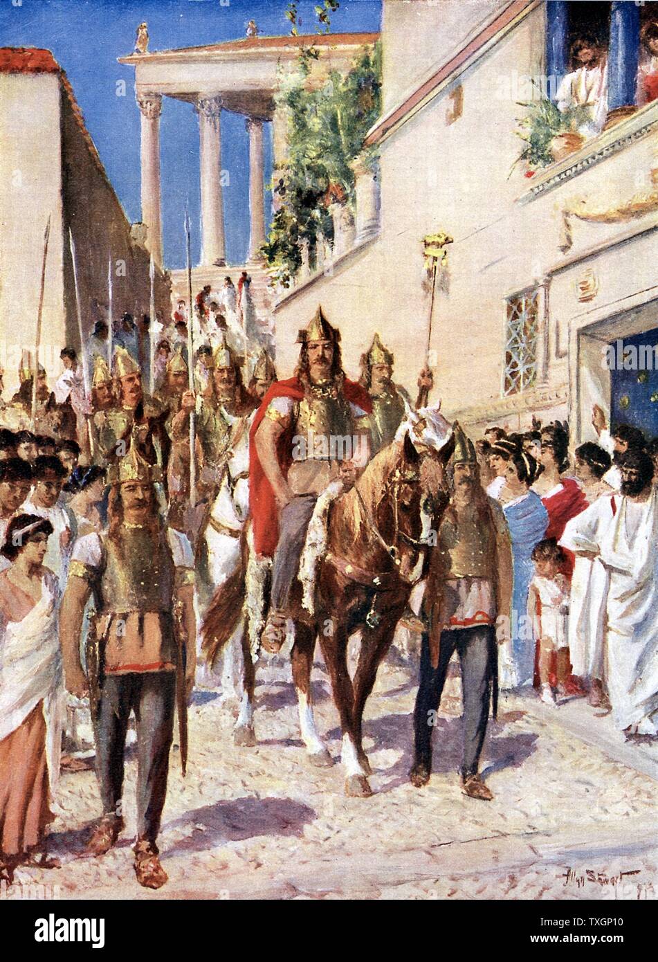 Alarico I (C370-410), re dei Visigoti da 495, entrando in Atene 395. Leader di gotica ausiliari di Teodosio I, imperatore d'Oriente. c.1920. Illustrazione, Colore Foto Stock