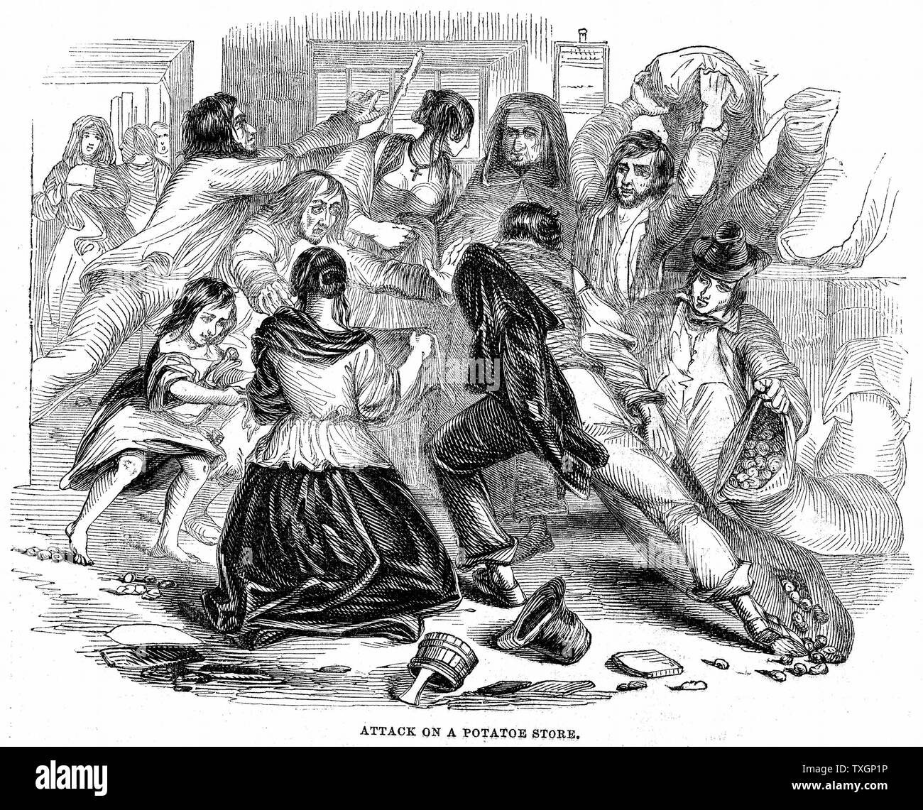 Patate irlandesi carestia: il governo potato store essendo attaccato da abitanti affamati di Galway. Da 'l'Illustrated London News", giugno 1842. Incisione su legno Foto Stock