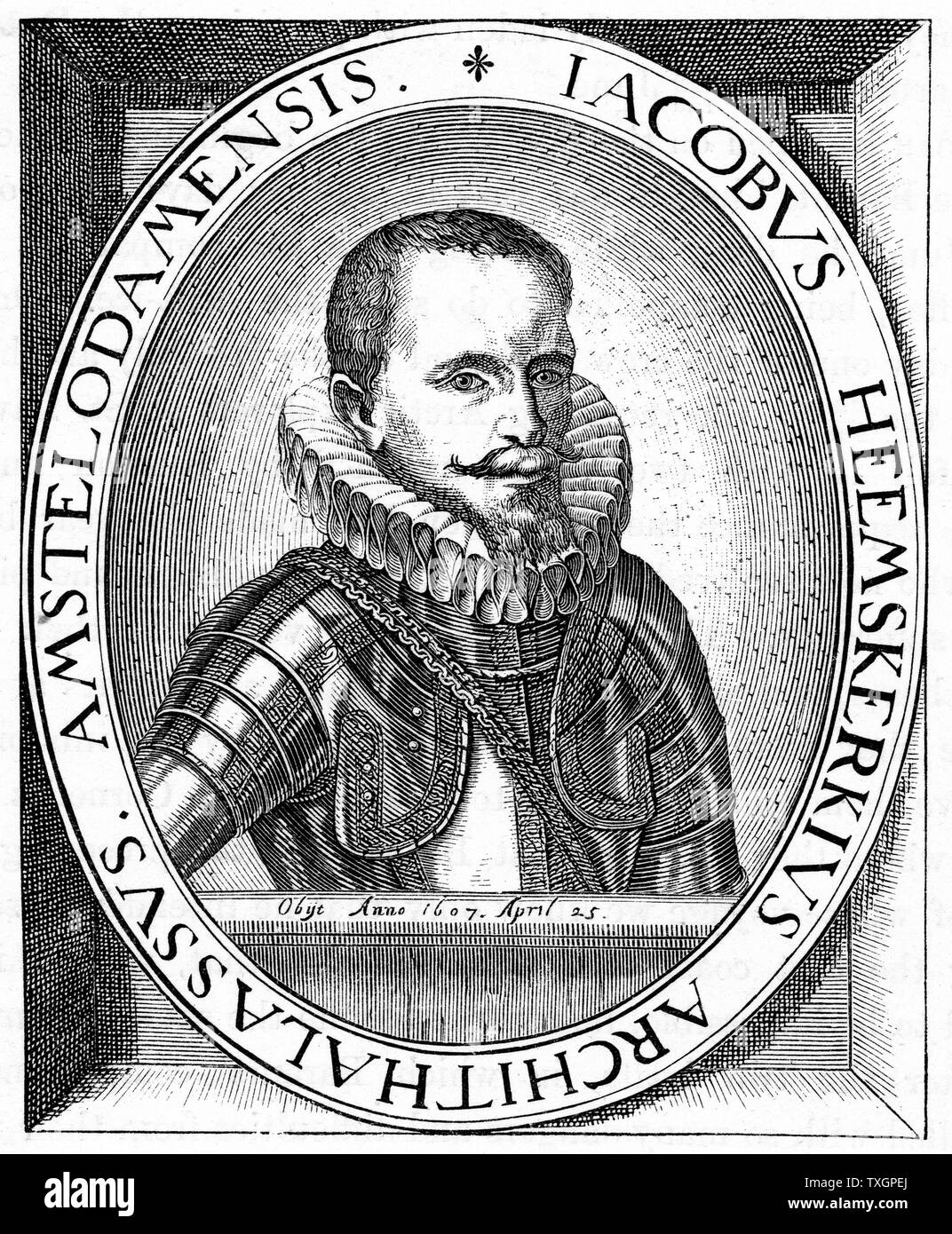 Jacob van Heemskerk (1567-1607), olandese addetto navale e di explorer. Ricerca di Passaggio a Nordest della Cina, 1595, fallito. Morì a Gibilterra dopo aver sconfitto la flotta spagnola. Da una incisione contemporanea Foto Stock