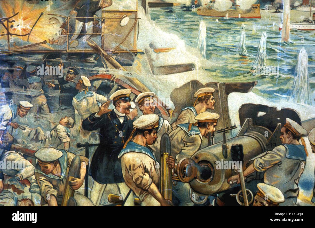 Guerra Russo-giapponese 1904-1905: battaglia navale tra Russo e Giapponese e le flotte off Port Arthur. Di scena sul russo punta "Tsarevich' durante l'impegno che mostra la pistola essendo caricati 10 agosto 1904 dal contemporaneo chromolithograph tedesco Foto Stock