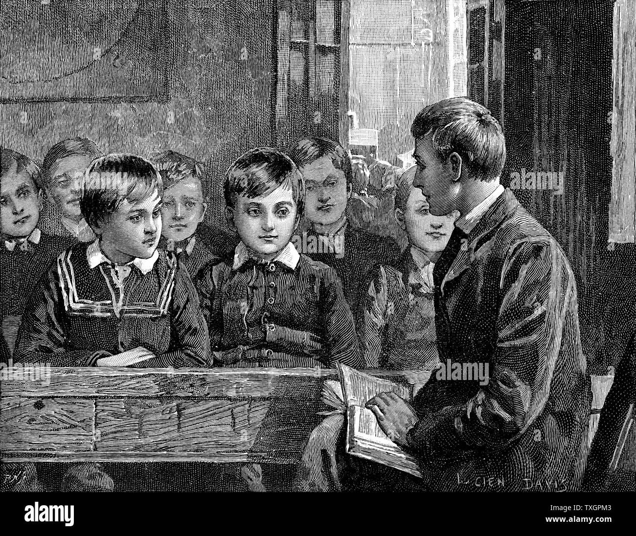 Ragazzo in classe a un americano di scuola di domenica. La Scuola Domenicale di movimento è stato iniziato da Robert Raikes in Gloucester, Inghilterra in 1780 1890 incisione su legno Foto Stock