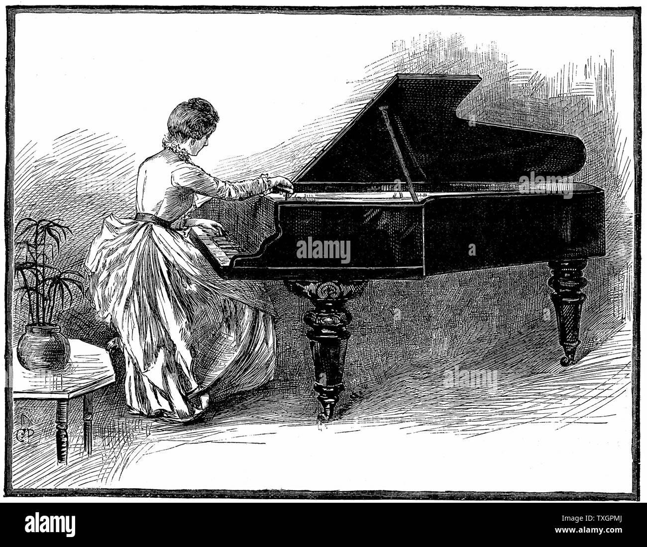 Signora giovane la sintonizzazione di un pianoforte a coda. Piano tuning è stato considerato un occupazione adatta per una donna giovane costretto a guadagnarsi da vivere 1887 incisione su legno Foto Stock