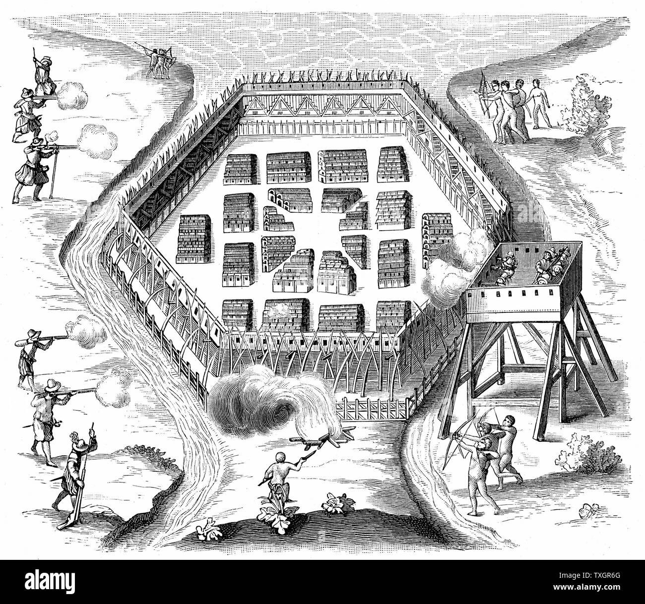 Villaggio Onondaga attaccato nel 1615 da Samuel de Champlain (1567-1635), esploratore francese e "fondatore del Canada". Onondaga: Iroquoian-parlando di persone che abitano nei villaggi di corteccia e legno longhouses occupata dalle relative famiglie, situato in quello che oggi è lo stato di New York l'incisione Foto Stock Villaggio Onondaga attaccato nel 1615 da Samuel de Champlain (1567-1635), esploratore francese e "fondatore del Canada". Onondaga: Iroquoian-parlando di persone che abitano nei villaggi di corteccia e legno longhouses occupata dalle relative famiglie, situato in quello che oggi è lo stato di New York l'incisione Foto Stock
