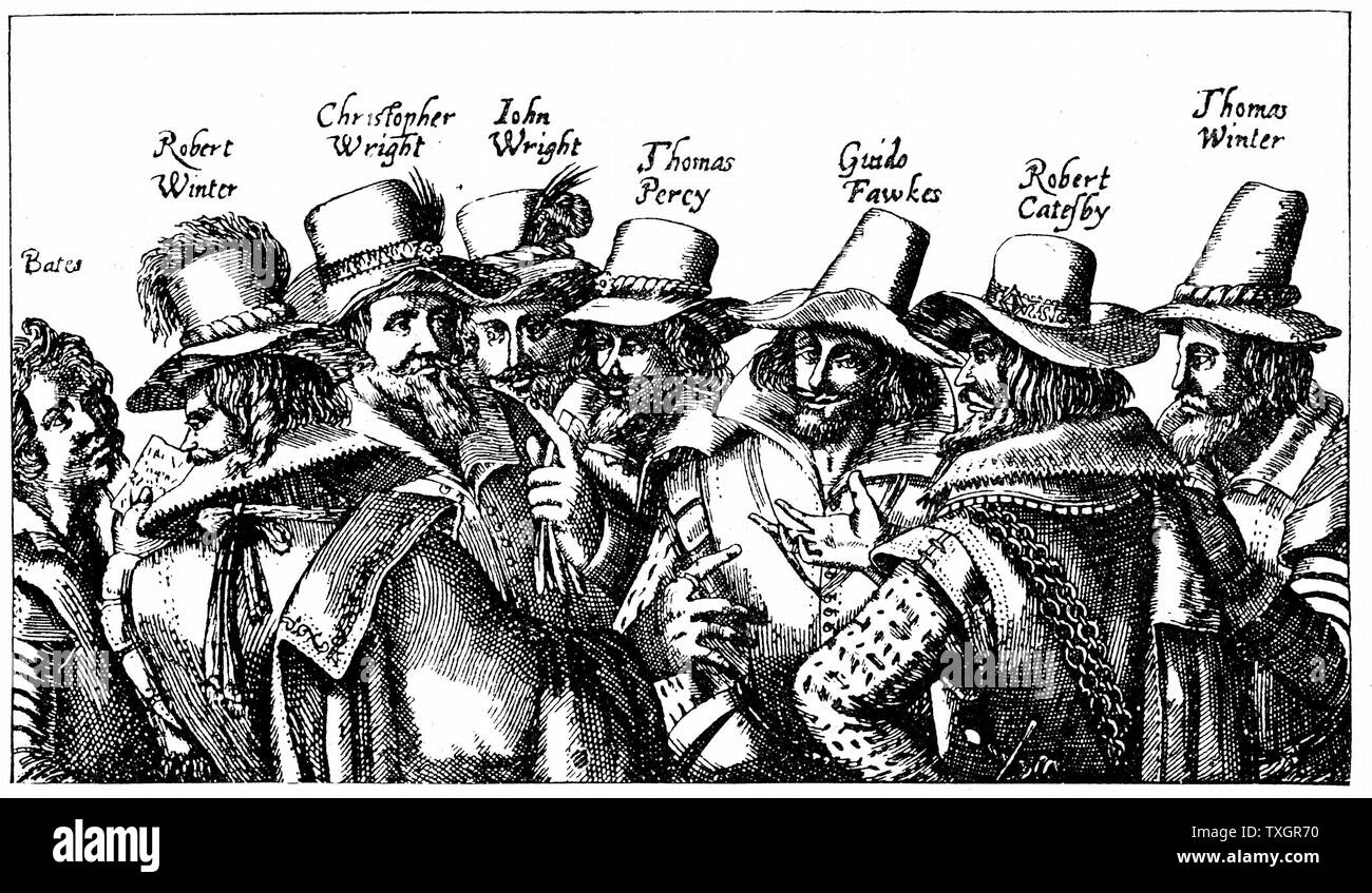 La polvere da sparo complotto cattolico romano di cospirazione per Blow up Case inglesi del Parlamento europeo in data 5 novembre 1605 quando James ho dovuto aprire una nuova sessione. Guy Fawkes, il più noto dei cospiratori, è il terzo da destra. 1605 Francoforte da stampare pubblicato Foto Stock