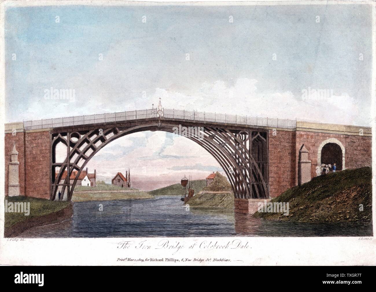 Abraham Darby III del ponte di ferro attraverso la Severn di Ironbridge, Coalbrookdale, Inghilterra. Primo ponte di ferro nel mondo, costruita tra il 1776 e il 1779. Colorate a mano pubblicato da incisione 1809 Foto Stock