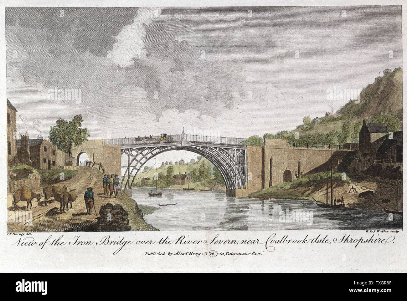 Abraham Darby III del ponte di ferro attraverso la Severn di Ironbridge, Coalbrookdale, Inghilterra. Primo ponte di ferro nel mondo, costruita tra il 1776 e il 1779. Nella parte anteriore di sinistra sono di riscontro 4 'hobblers' tirando una incisione in barca Foto Stock