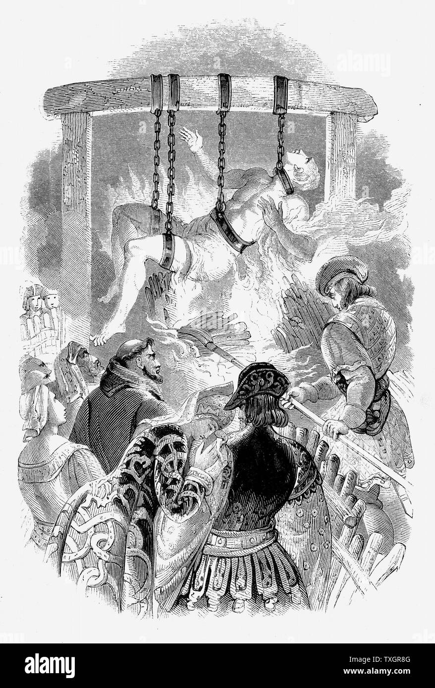 John Oldcastle, Signore Cobham, Lollard leader. Condannato come eretico per negare la transustanziazione e "impiccato e bruciato appeso' in St Giles i campi, Londra, 1417. Modello originale per Shakespeare John Falstaff 1848 incisione su legno Foto Stock