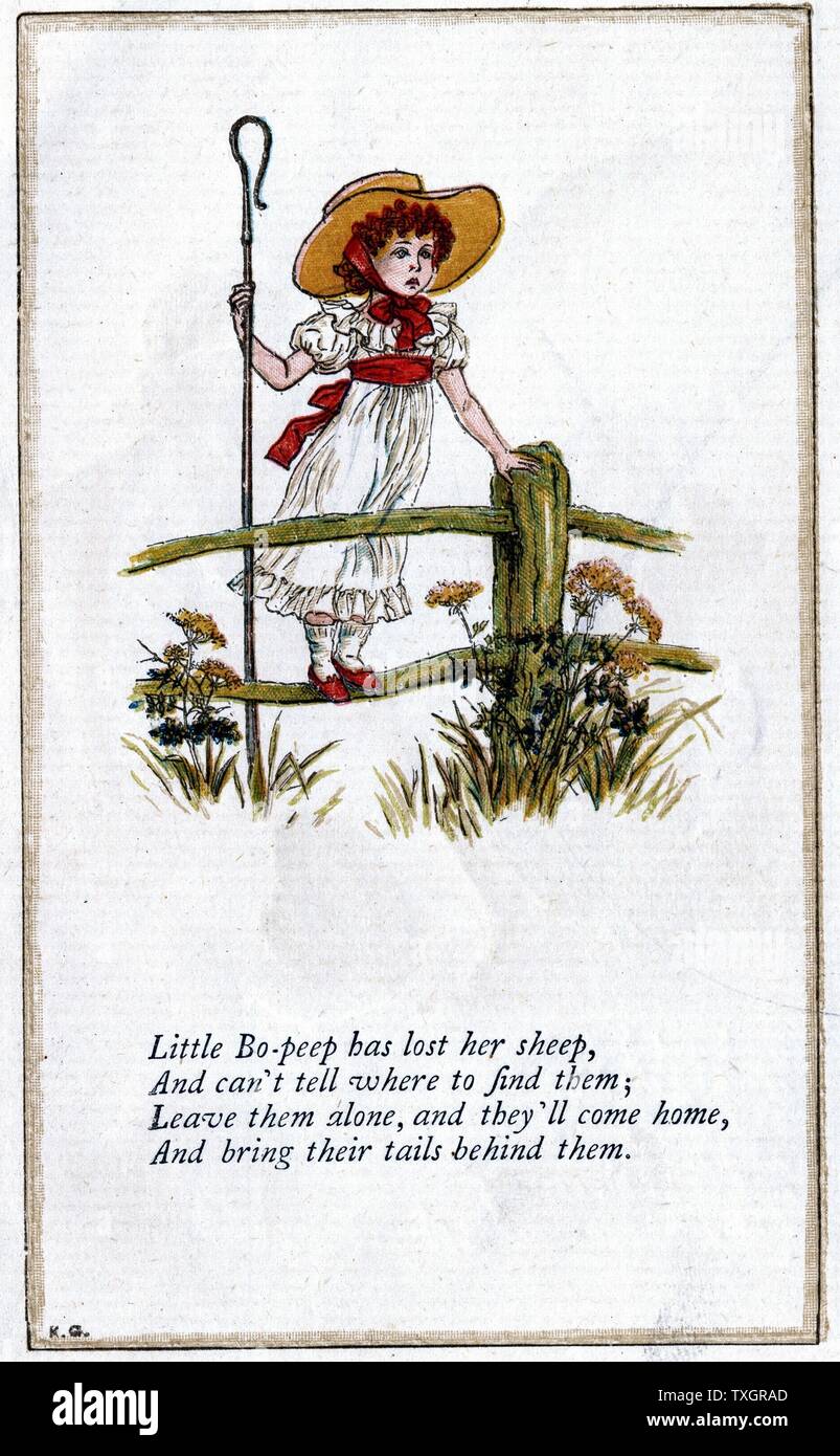 'Piccolo Bo-Peep ha perso la sua pecora/e non riesco a capire dove trovare la loro' illustrazione di Kate Greenaway (1846-1901) per un libro delle filastrocche Chromolithograph Foto Stock