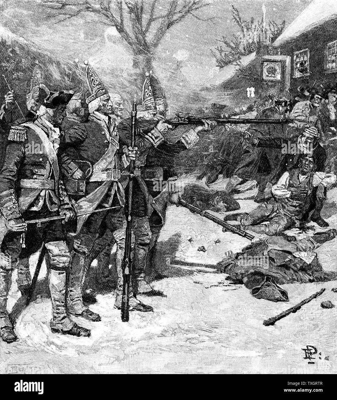 Massacro di Boston, 5 marzo 1770. Scaramuccia tra le truppe britanniche e la folla in Boston Massachusetts. Cinque manifestanti uccisi, il primo essendo Crispus Attucks un marinaio nero e ex schiavo. 1883 incisione su legno Foto Stock