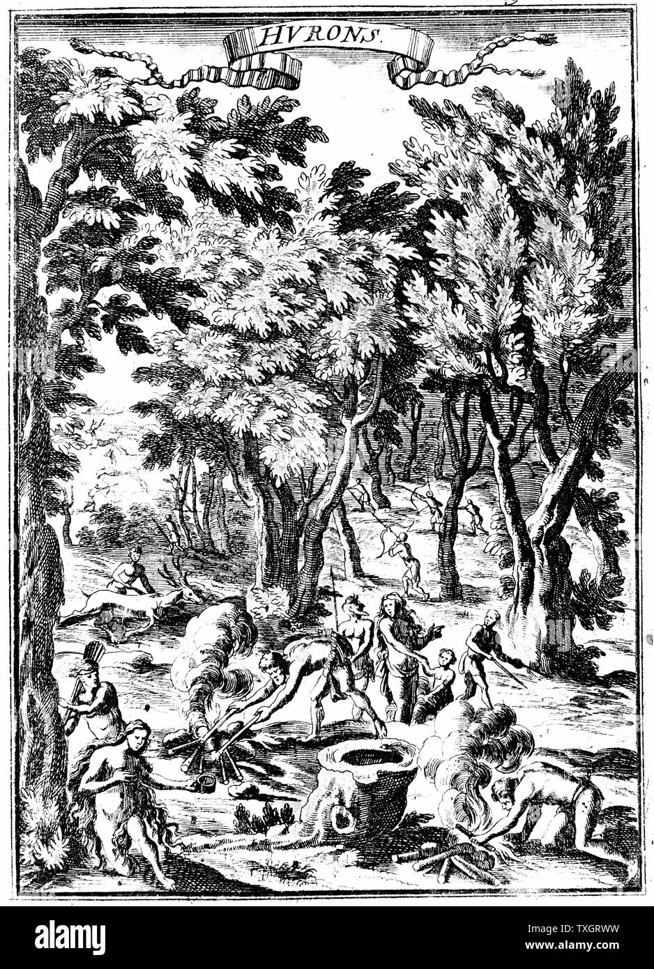 North American Huron indiani di quello che ora è il Virginia, la caccia e la preparazione di alimenti nel bosco da Alain Manesson Mallet 'Descrizione de l'Univers ..." 1686 Frankfurt-am-Main incisione su rame Foto Stock