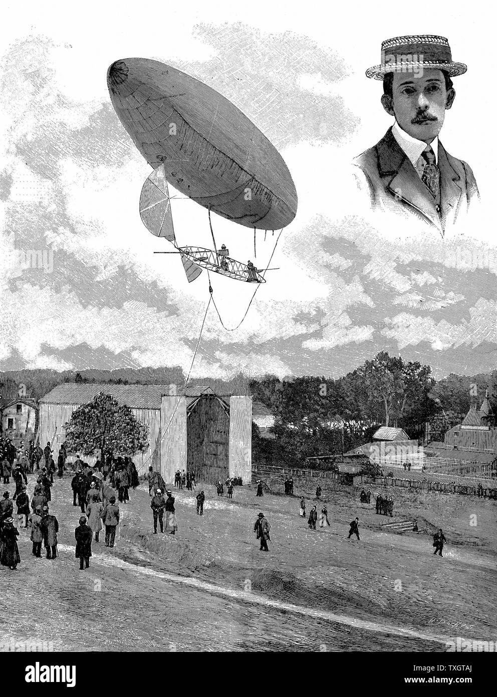Alberto Santos-Dumont (1873-1932) brasiliano pioniere dell'aviazione. Qui nel suo dirigibile (dirigibile) n. 6 scendendo al Aero Park, Parigi, dopo aver vinto il premio Deutsch, 19 Ottobre 1901 16 novembre 1901 Inset: ritratto. Da "cooperazione scientifica americana" Foto Stock