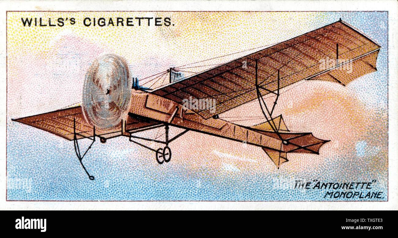 Il 'Antonietta' monoplan di Hubert Latham (1883-1912) aviatore francese c.1910. Chromolithograph dalla serie di carte sul trasporto aereo Foto Stock