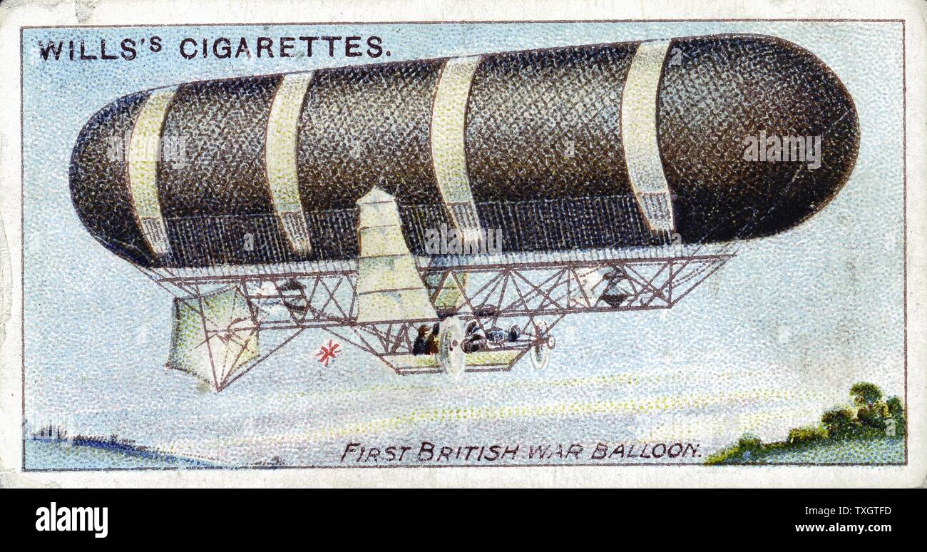 Nulli Secundus (seconda a nessuno), dirigibile n. 2. Prima militare britannico palloncino sterzabile (dirigibile), costruito all esercito britannico fabbrica di palloncini, 1905. Fatto viaggio spettacolari su Londra 1907, ma è stato poco dopo aver distrutto in un vento di tempesta al Crystal Palace. Chromolithograph dal set di schede su aviazione Foto Stock
