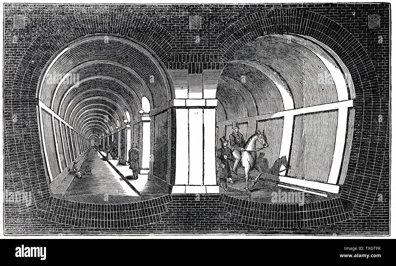 Sezione trasversale che mostra l'impressione di Marc Isambart Brunel il doppio ordine di arcate in muratura Tunnel Tamigi costruita 1825-1843. Originariamente una carreggiata, è ancora utilizzato da treni elettrici tra Whitechapel e nuova croce, Londra. Xilografia, 1832. Foto Stock
