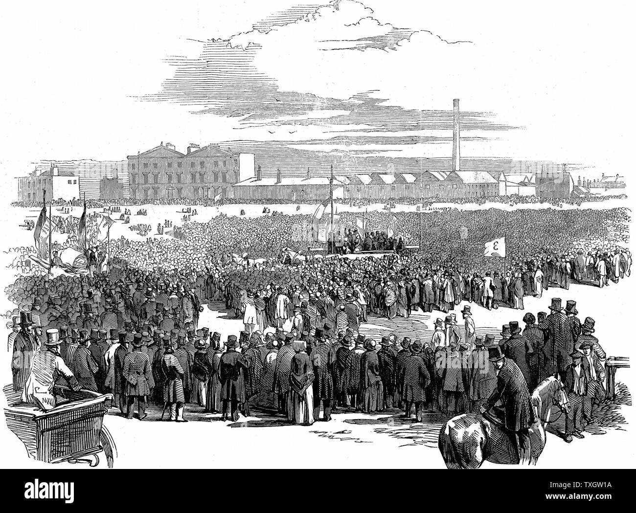 Riunione di massa di Chartists su Kennington Common, Londra, 10 aprile 1848. Nel centro è il carro trasportante Feargus O'Connor e gli altri delegati. Incisione su legno 1848 Foto Stock